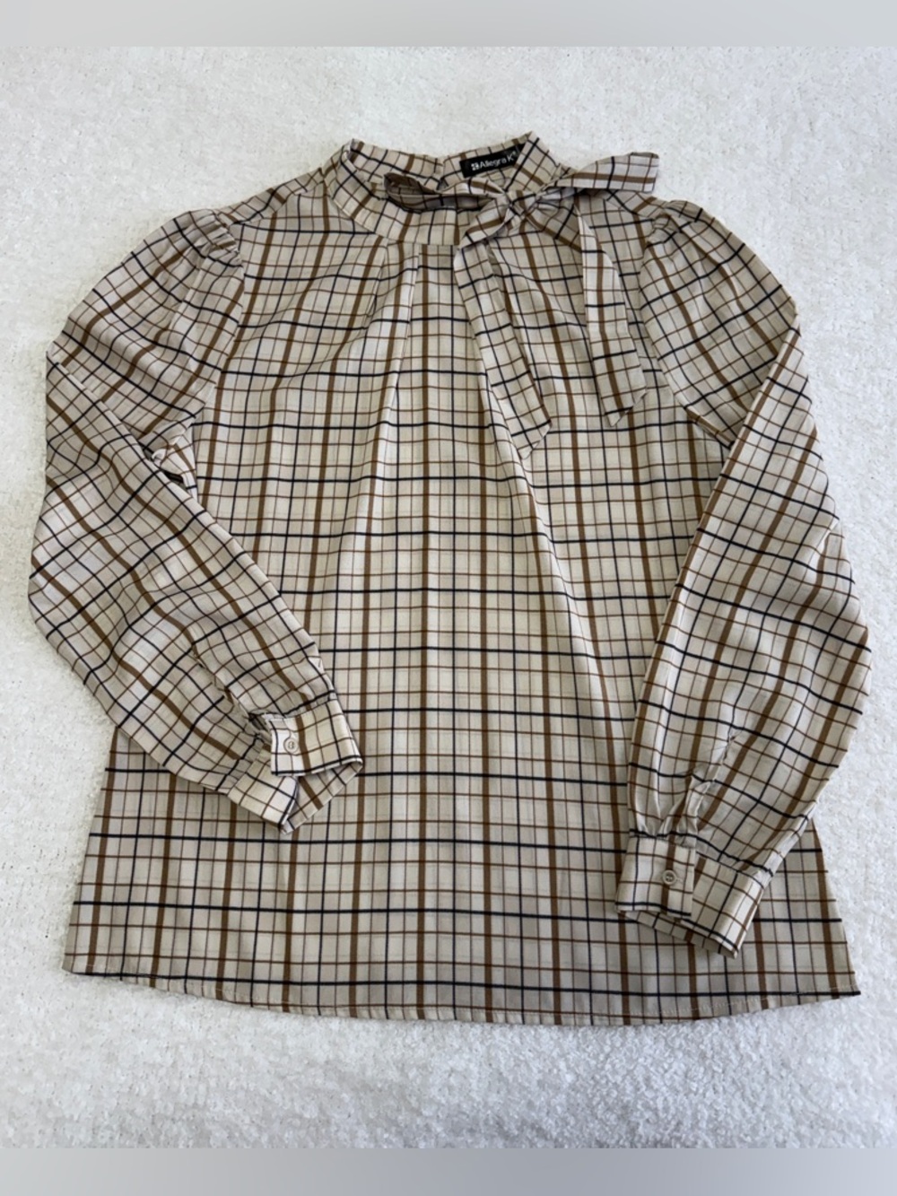 Allegra K Cream Blouse with Brown & Black Windowpane Plaid